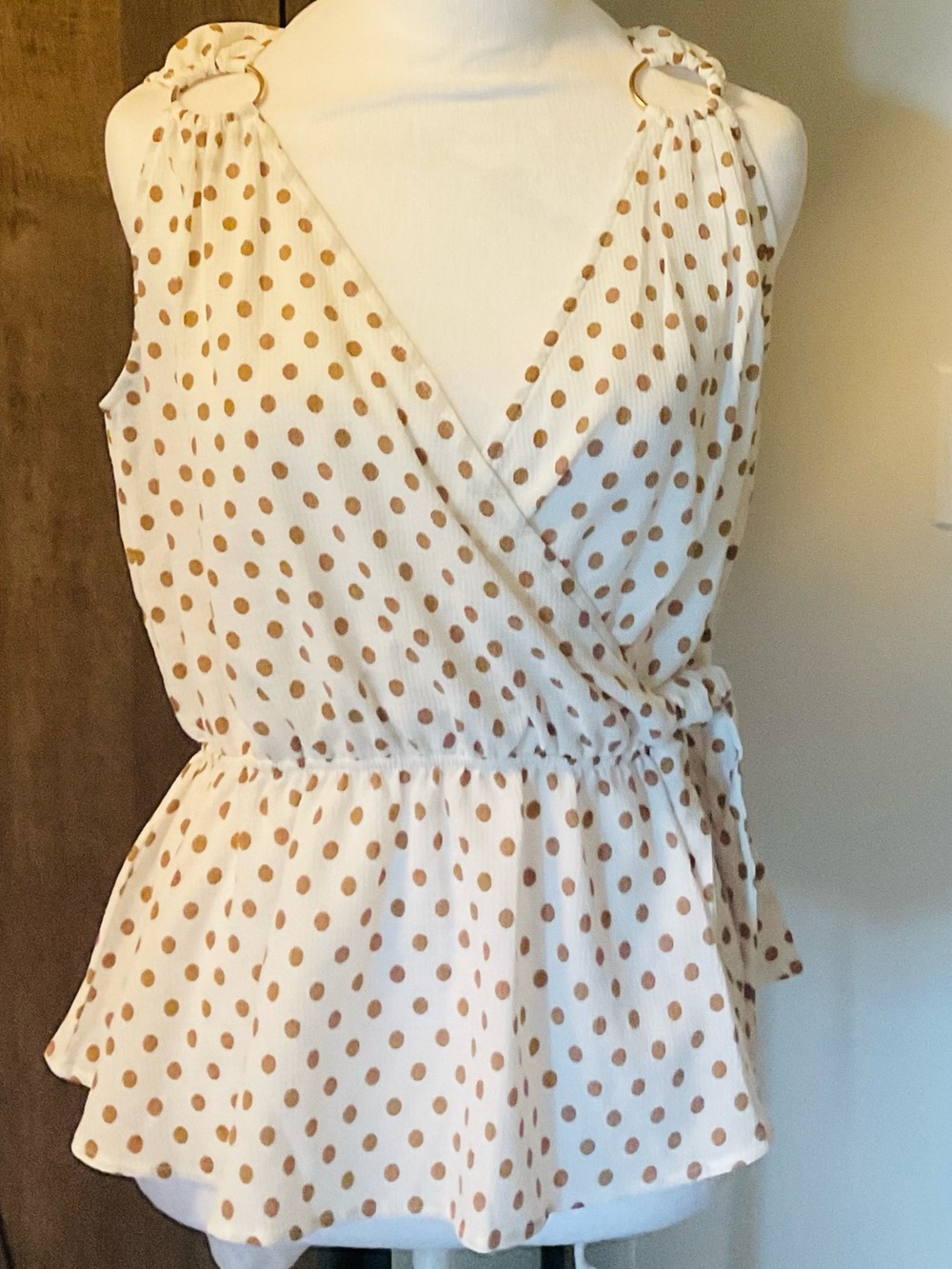 *Love J *Cream & Brown Polka Dot Wrap Peplum Top with Decorative Rings.